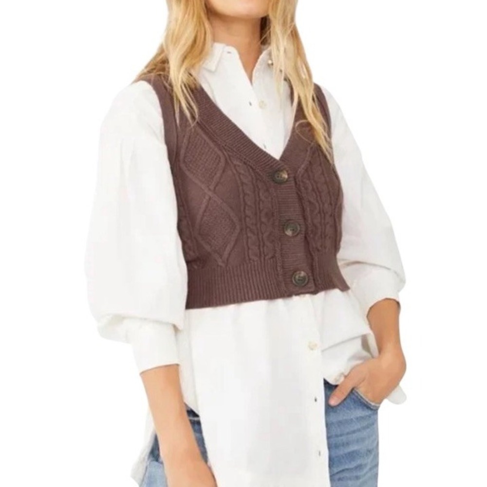 🤑Free People 🤎Brown Cable Knit‎ V-Neck Button Up Sweater Vest Top Small